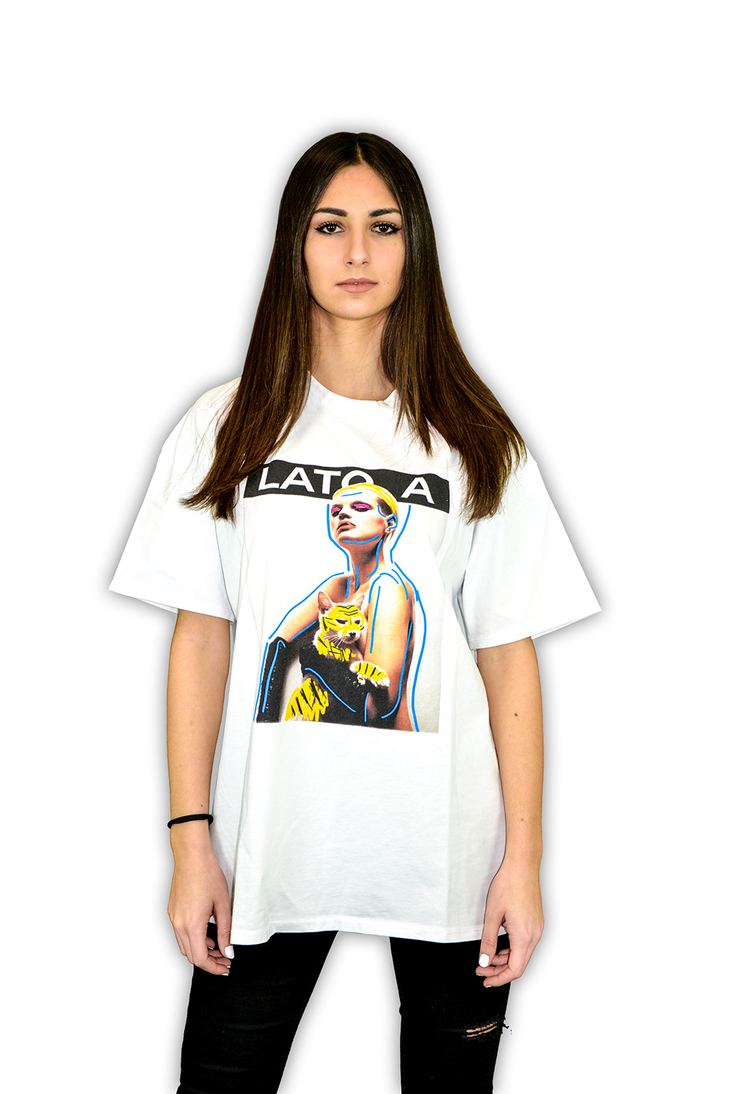 T-shirt scrawl woman & cat - Lato A